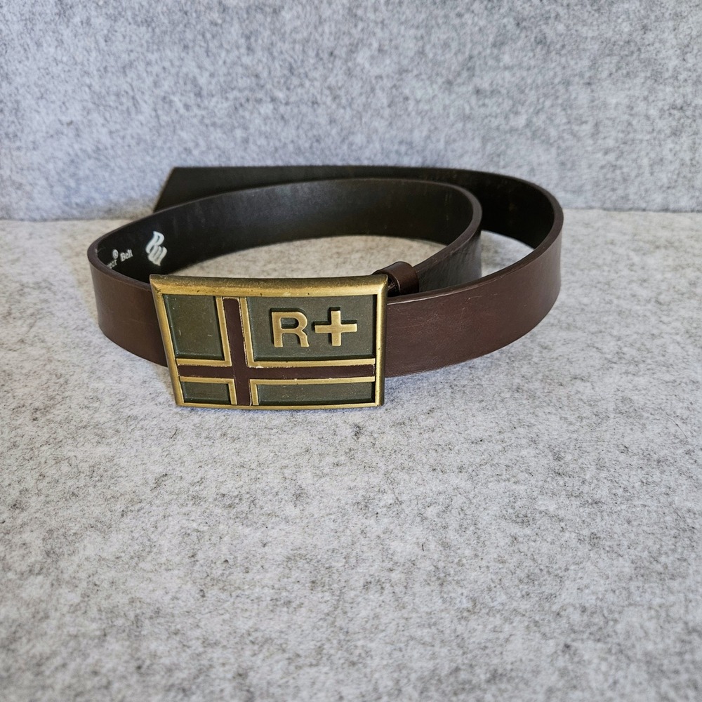 Rocawear Mens Brown Genuine Leather Belt R+ Plaque Buckle Size 36